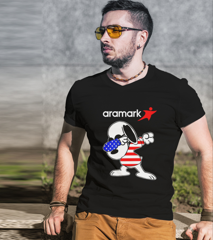 Aramark Snoopy Dabbing American Flag Red White Blue Character T-Shirt