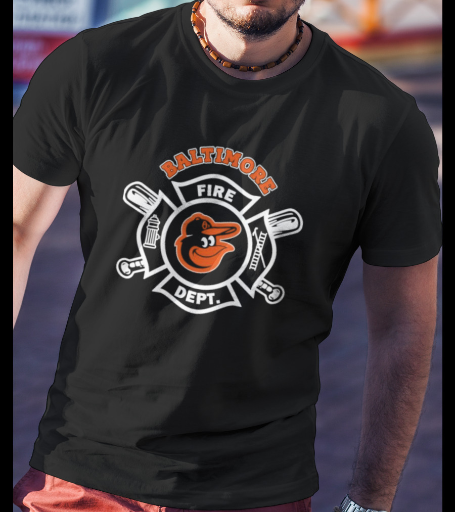 Baltimore Orioles Fire Dept Firefighters Badge Logo With Team Mascot T-Shirt