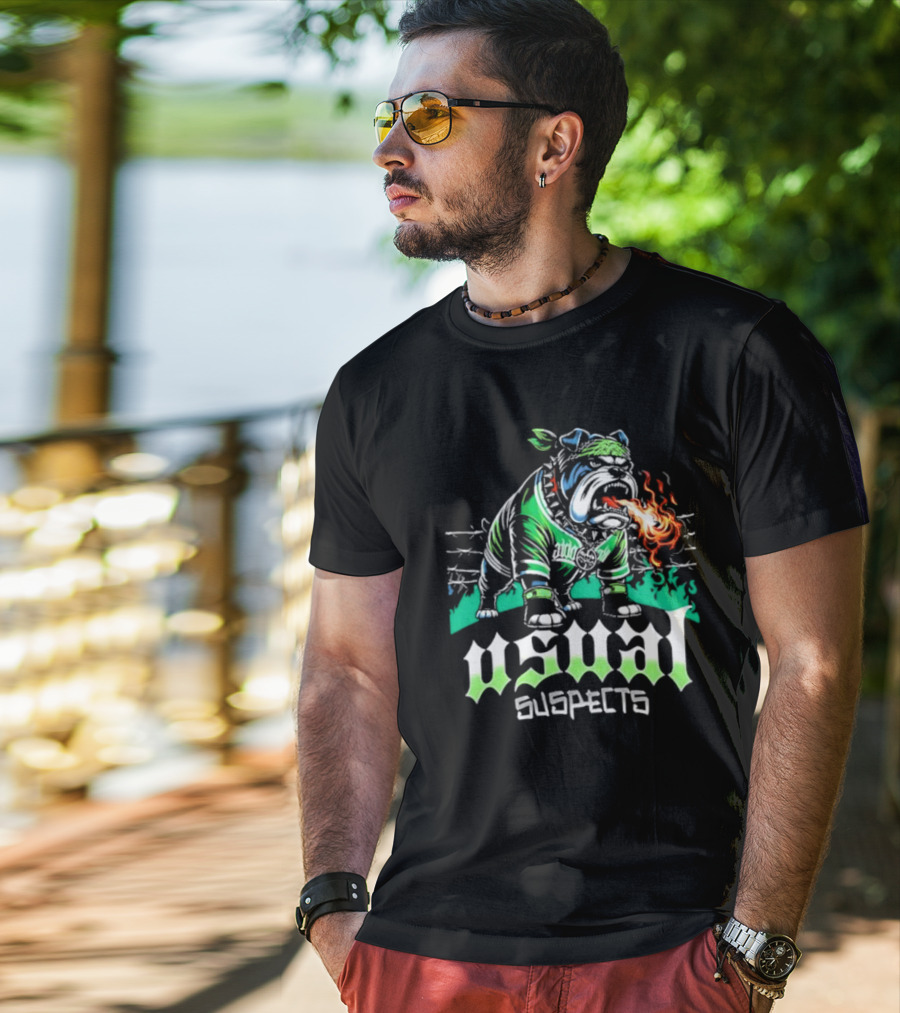 Usual Suspects Bulldog With Fiery Breath And Green Bandana T-Shirt