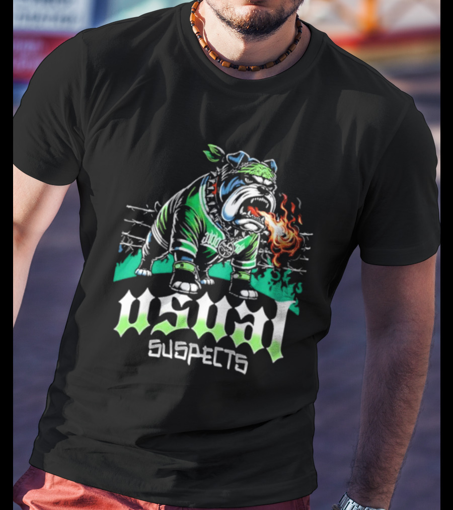 Usual Suspects Bulldog With Fiery Breath And Green Bandana T-Shirt