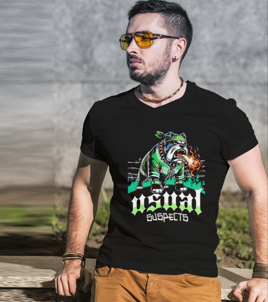 Usual Suspects Bulldog With Fiery Breath And Green Bandana T-Shirt