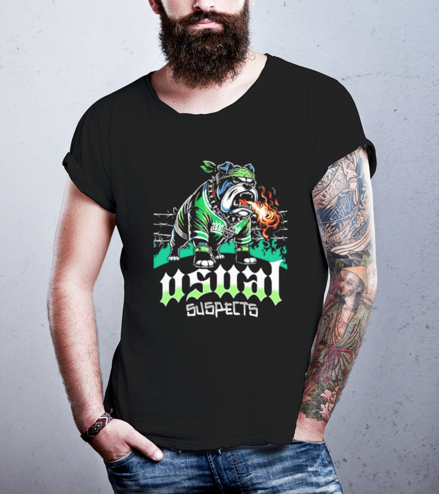 Usual Suspects Bulldog With Fiery Breath And Green Bandana T-Shirt