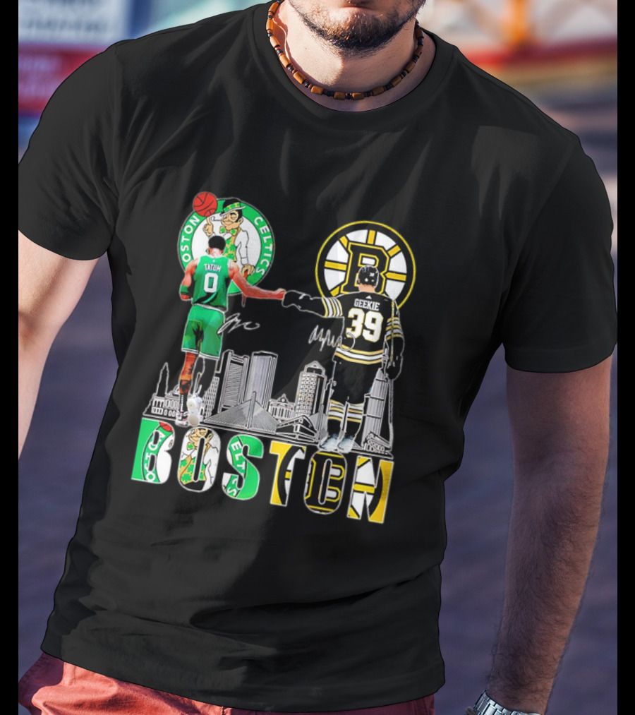 Boston Celtics Jayson Tatum Boston Bruins Morgan Geekie Signatures Skyline T-Shirt