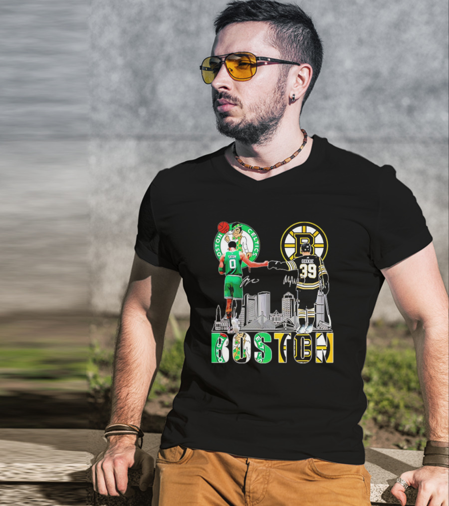 Boston Celtics Jayson Tatum Boston Bruins Morgan Geekie Signatures Skyline T-Shirt