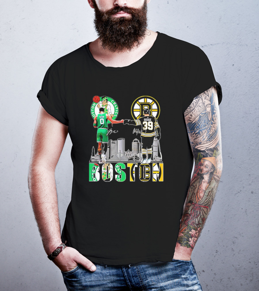 Boston Celtics Jayson Tatum Boston Bruins Morgan Geekie Signatures Skyline T-Shirt