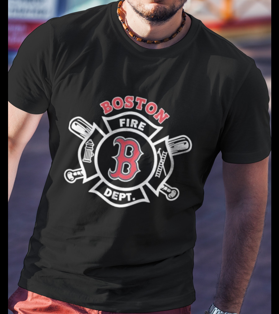 Boston Red Sox Fire Dept Firefighters B Logo Axes And Ladder T-Shirt