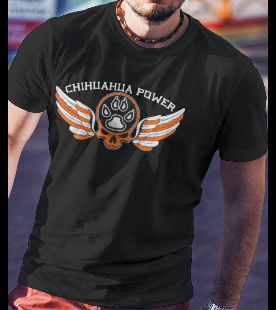 CHIHUAHUA POWER Skull With Flaming Paw Print And Winged Emblem T-Shirt