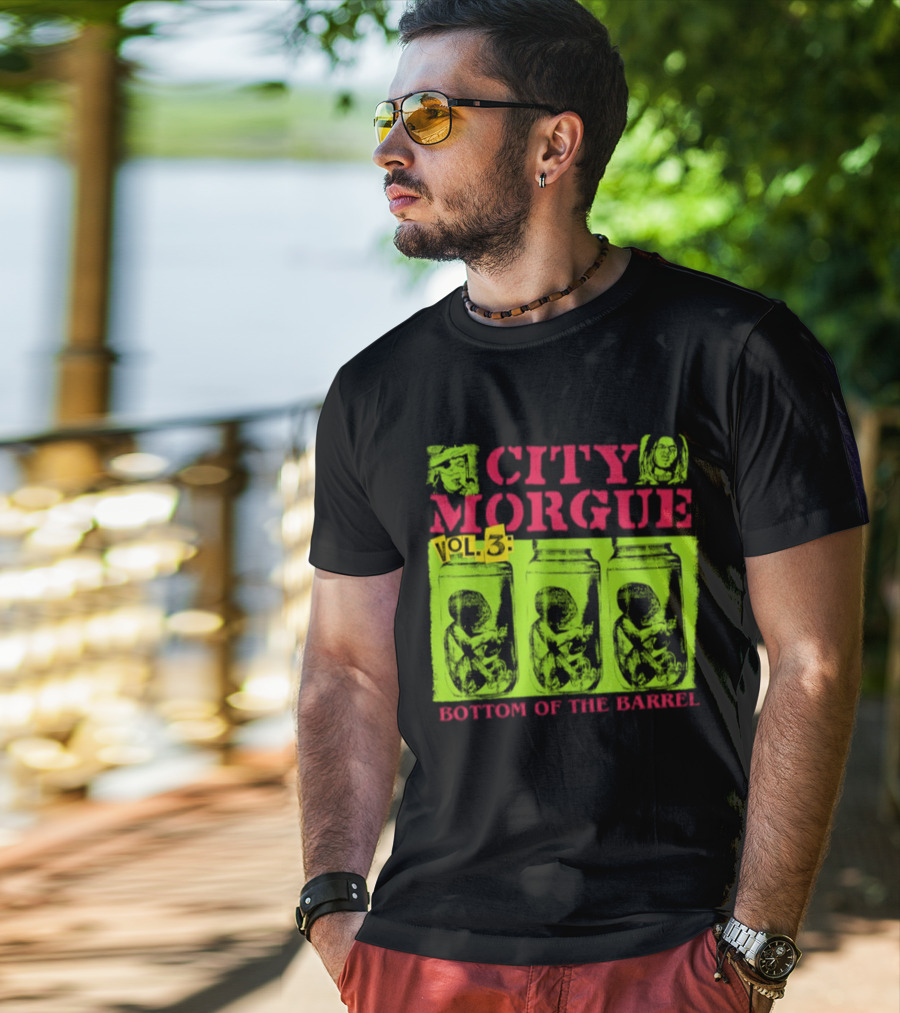 City Morgue Bottom Of The Barrel Green Neon Skeleton Illustrations T-Shirt