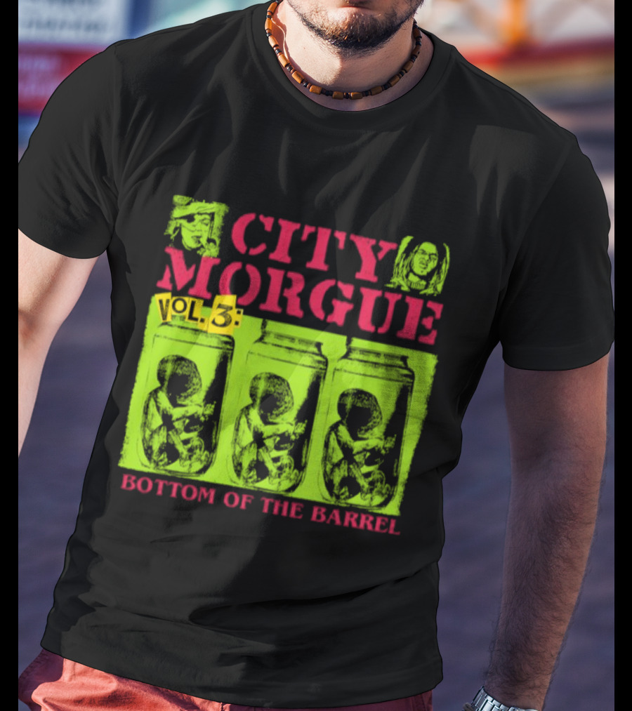 City Morgue Bottom Of The Barrel Green Neon Skeleton Illustrations T-Shirt