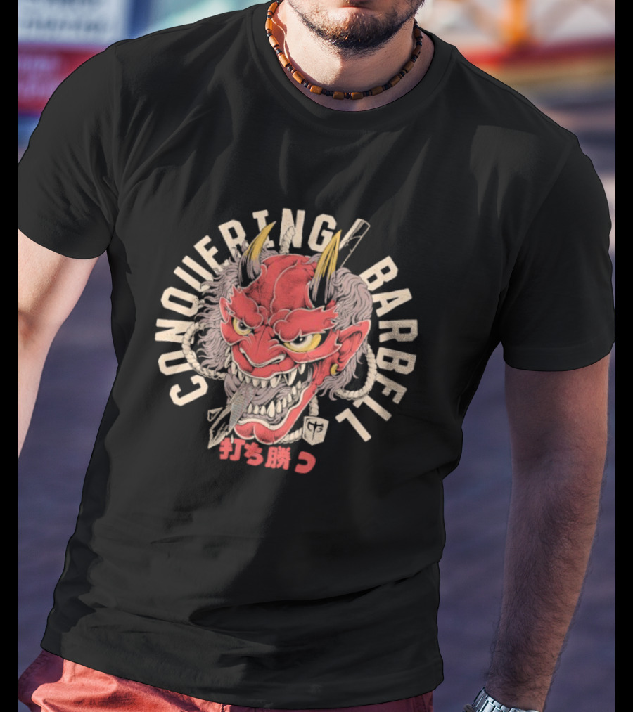 Conquering Barbell Oni Mask Japanese Text T-Shirt