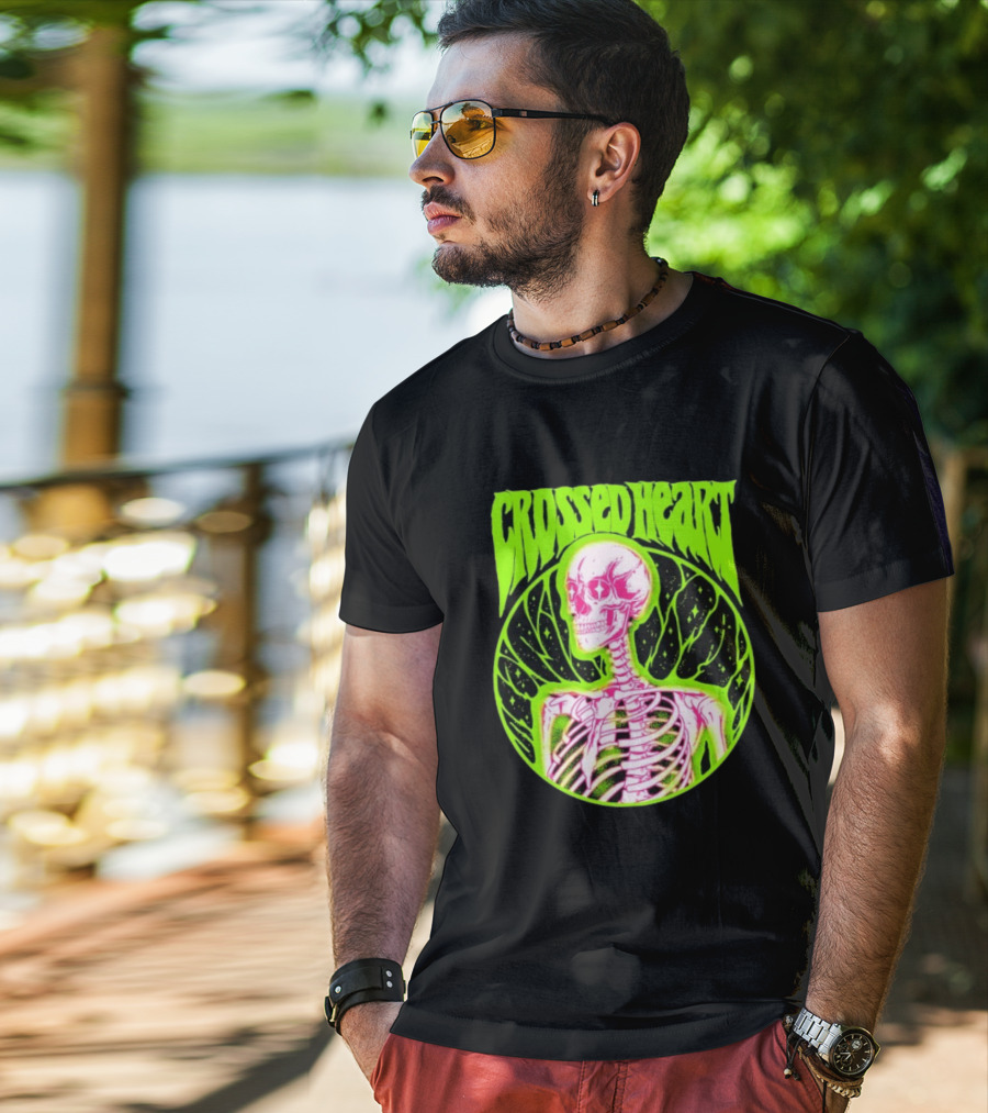Crossed Heart Skeleton Neon Illustration T-Shirt