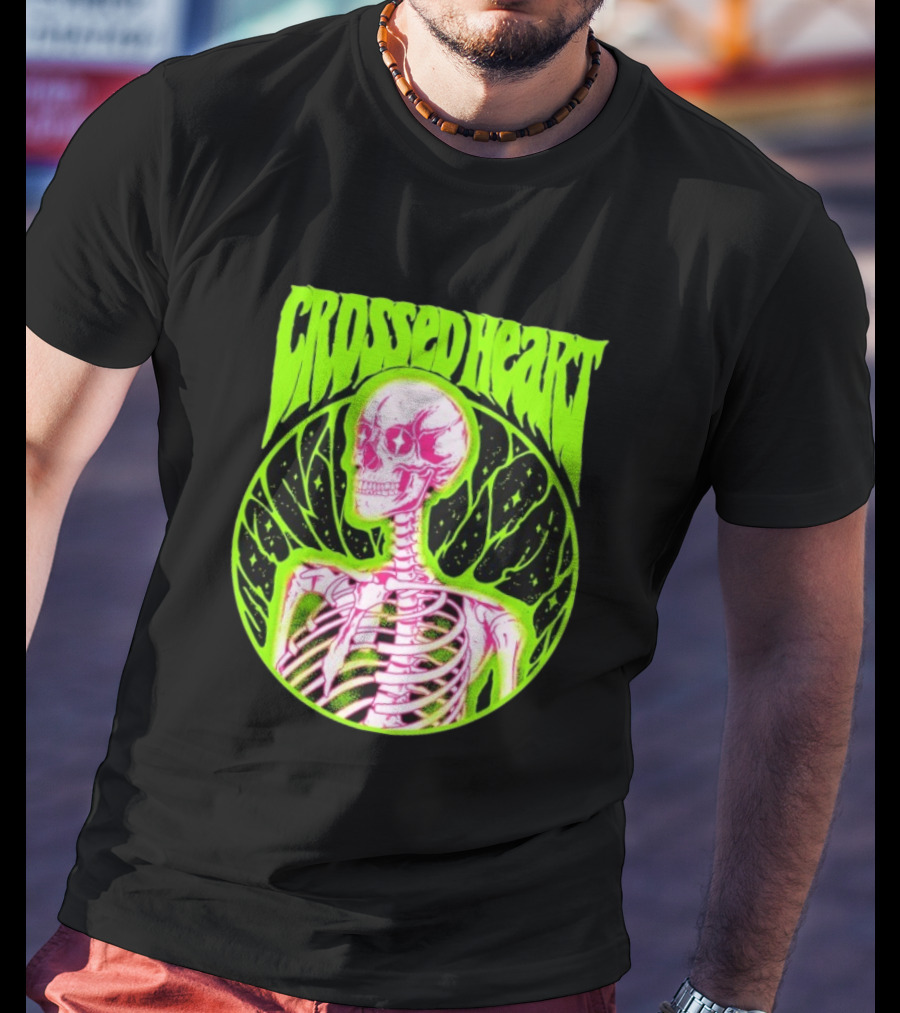 Crossed Heart Skeleton Neon Illustration T-Shirt