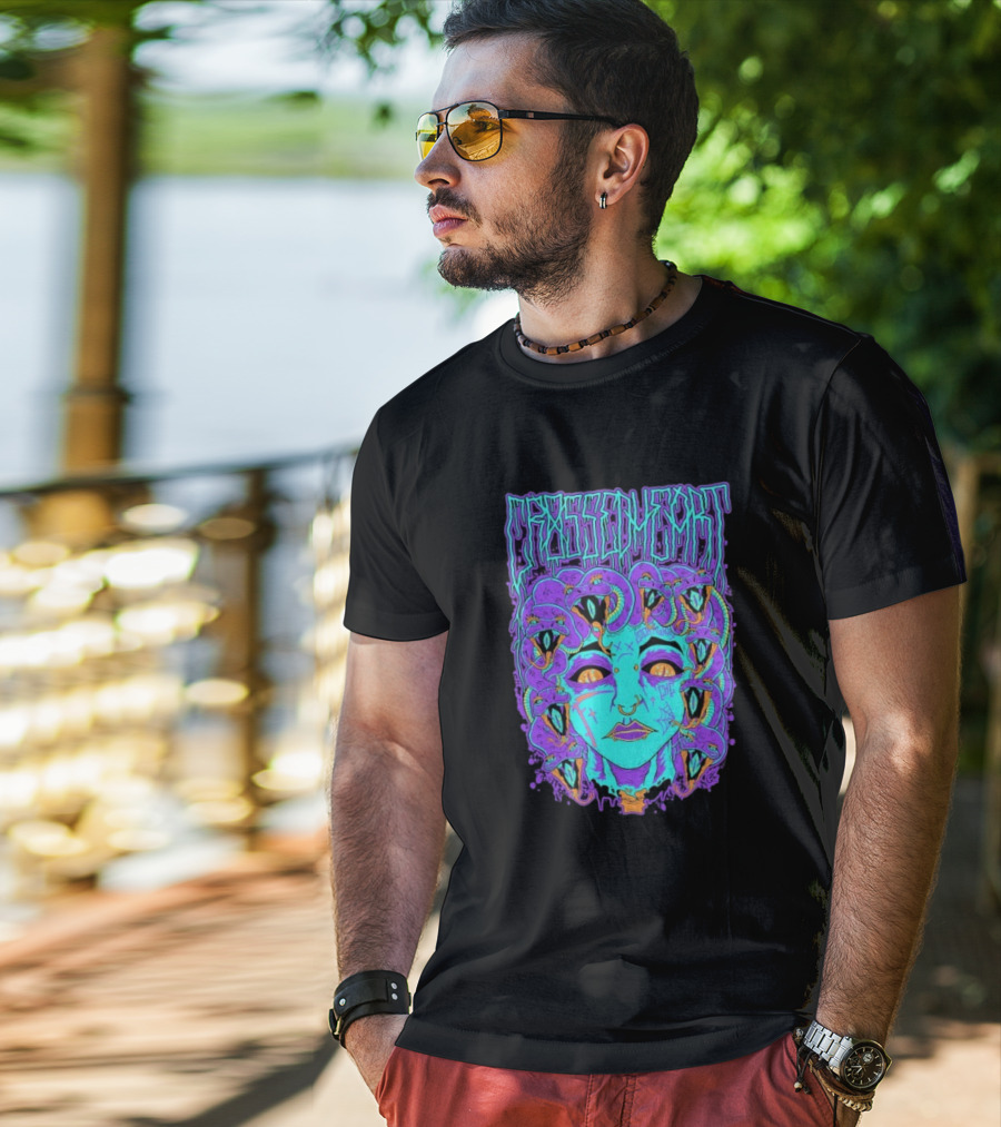 Crossed Heart Neon Medusa Snakes T-Shirt