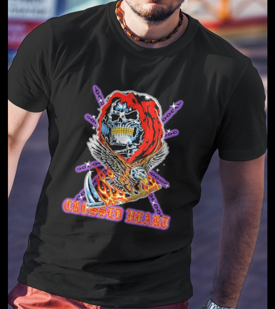 Crossed Heart No Mercy Skull Eagle Flames Chains T-Shirt