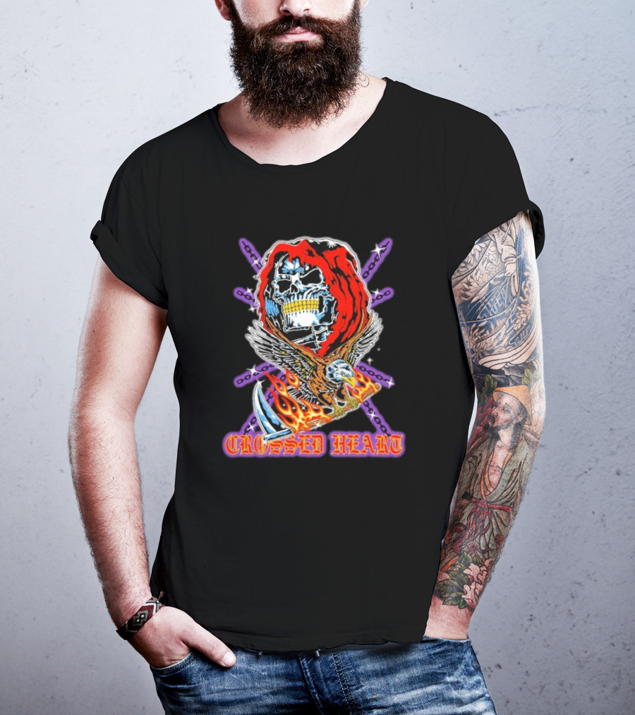 Crossed Heart No Mercy Skull Eagle Flames Chains T-Shirt