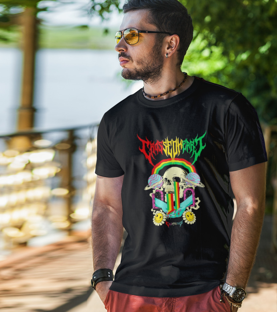 Crossed Heart Skull With Rainbow And Smiley Faces T-Shirt