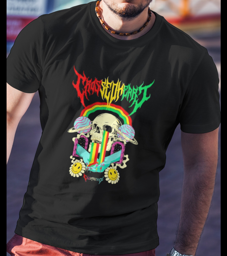 Crossed Heart Skull With Rainbow And Smiley Faces T-Shirt