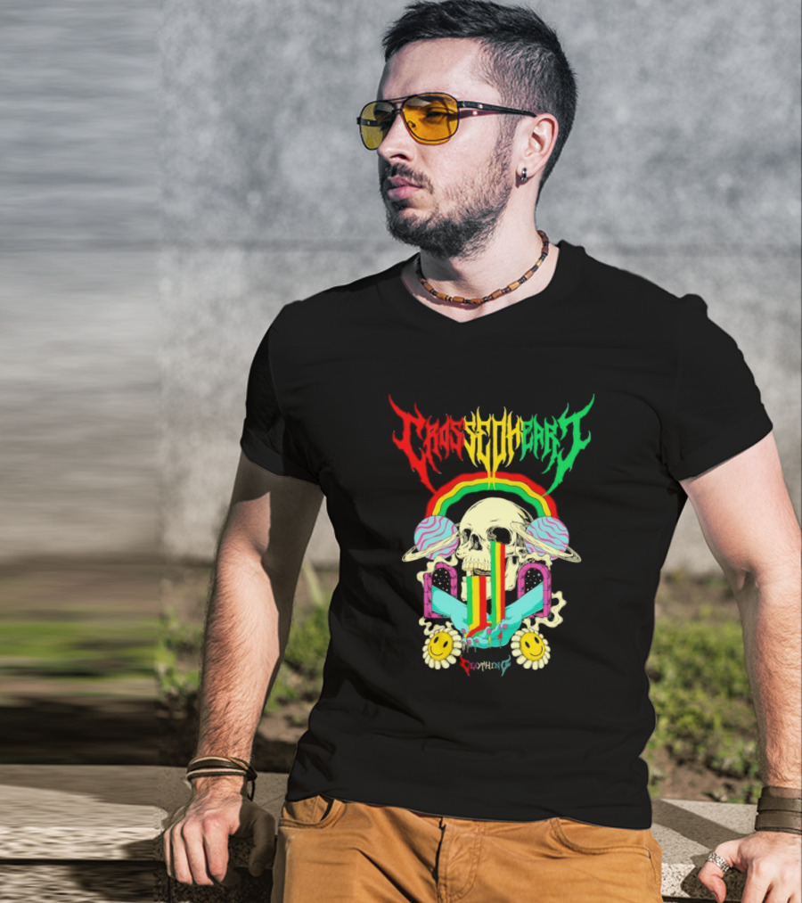 Crossed Heart Skull With Rainbow And Smiley Faces T-Shirt