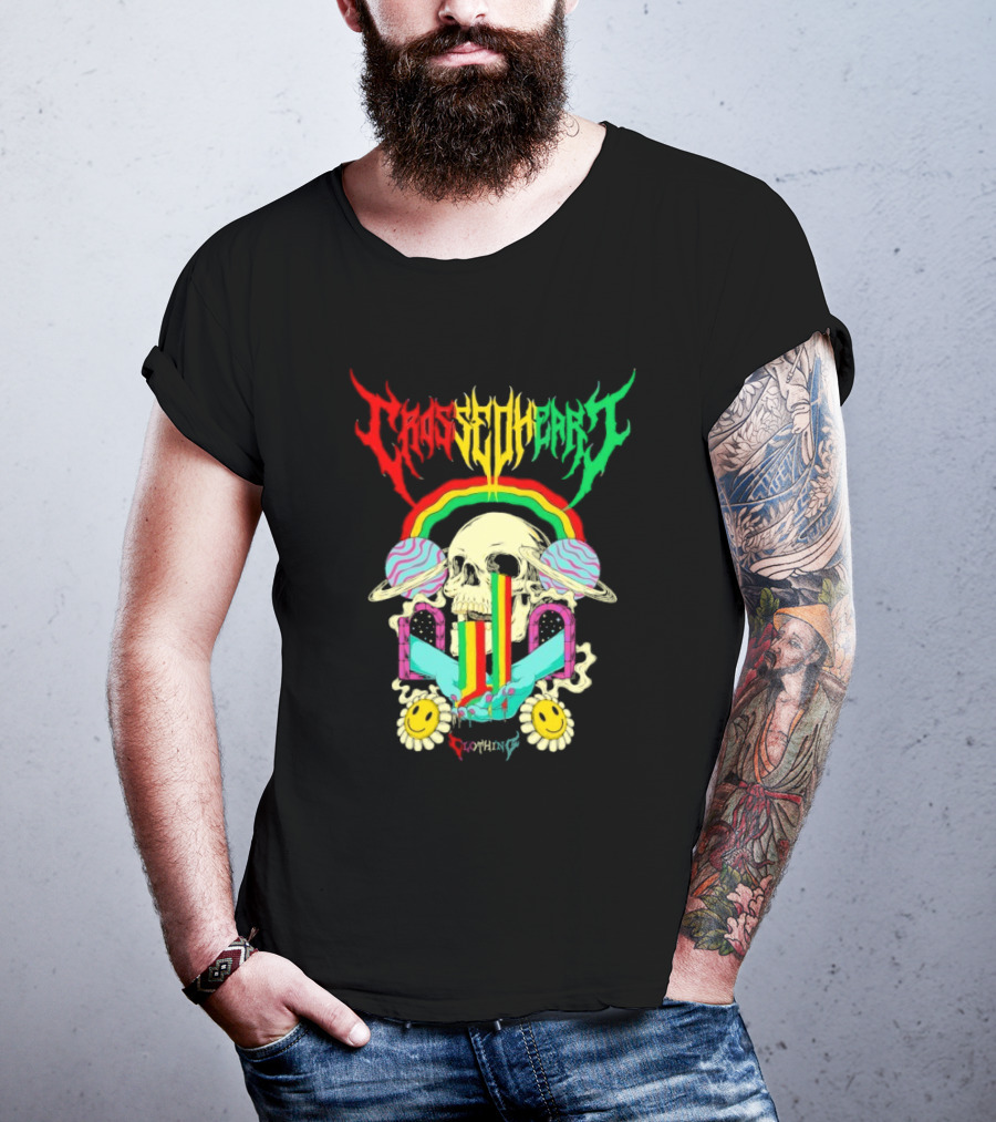 Crossed Heart Skull With Rainbow And Smiley Faces T-Shirt