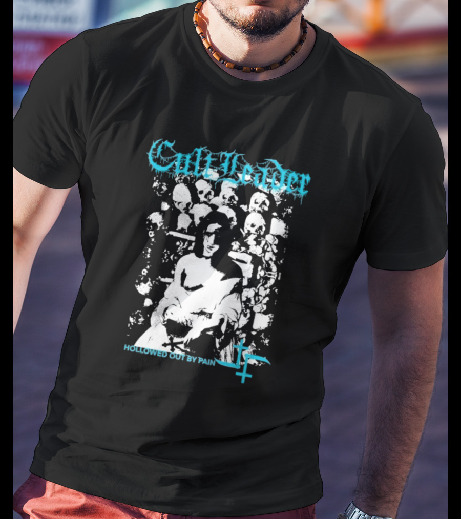 Cult Leader Hollowed Out By Pain Distorted Portrait With Inverted Cross Symbol T-Shirt