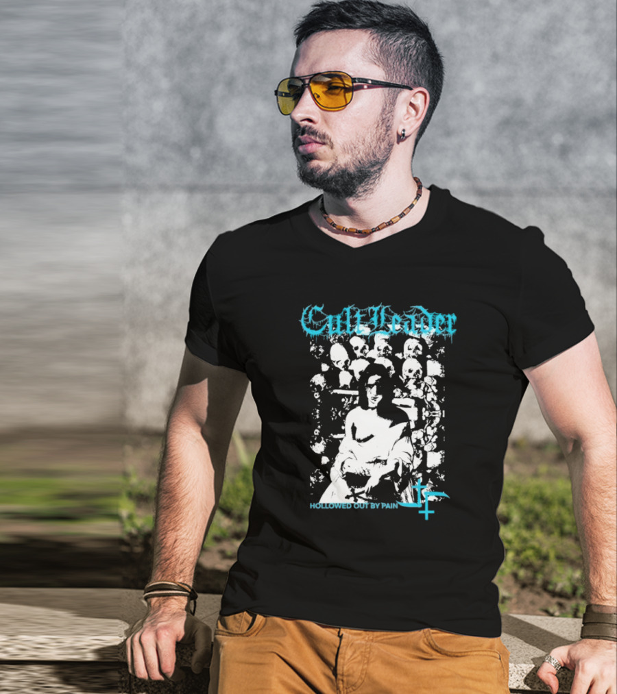 Cult Leader Hollowed Out By Pain Distorted Portrait With Inverted Cross Symbol T-Shirt