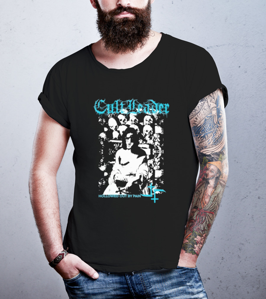 Cult Leader Hollowed Out By Pain Distorted Portrait With Inverted Cross Symbol T-Shirt