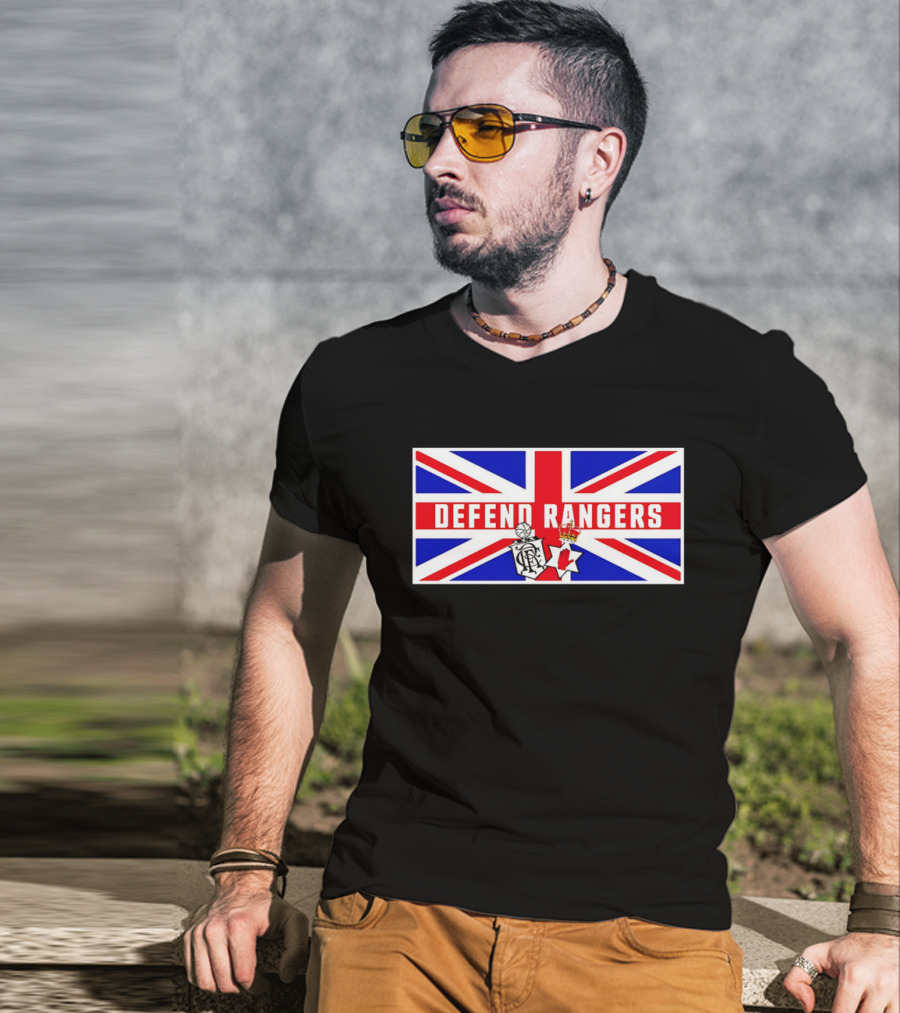 Defend Rangers Union Flag With FCRF Crest And Red Hand Of Ulster T-Shirt