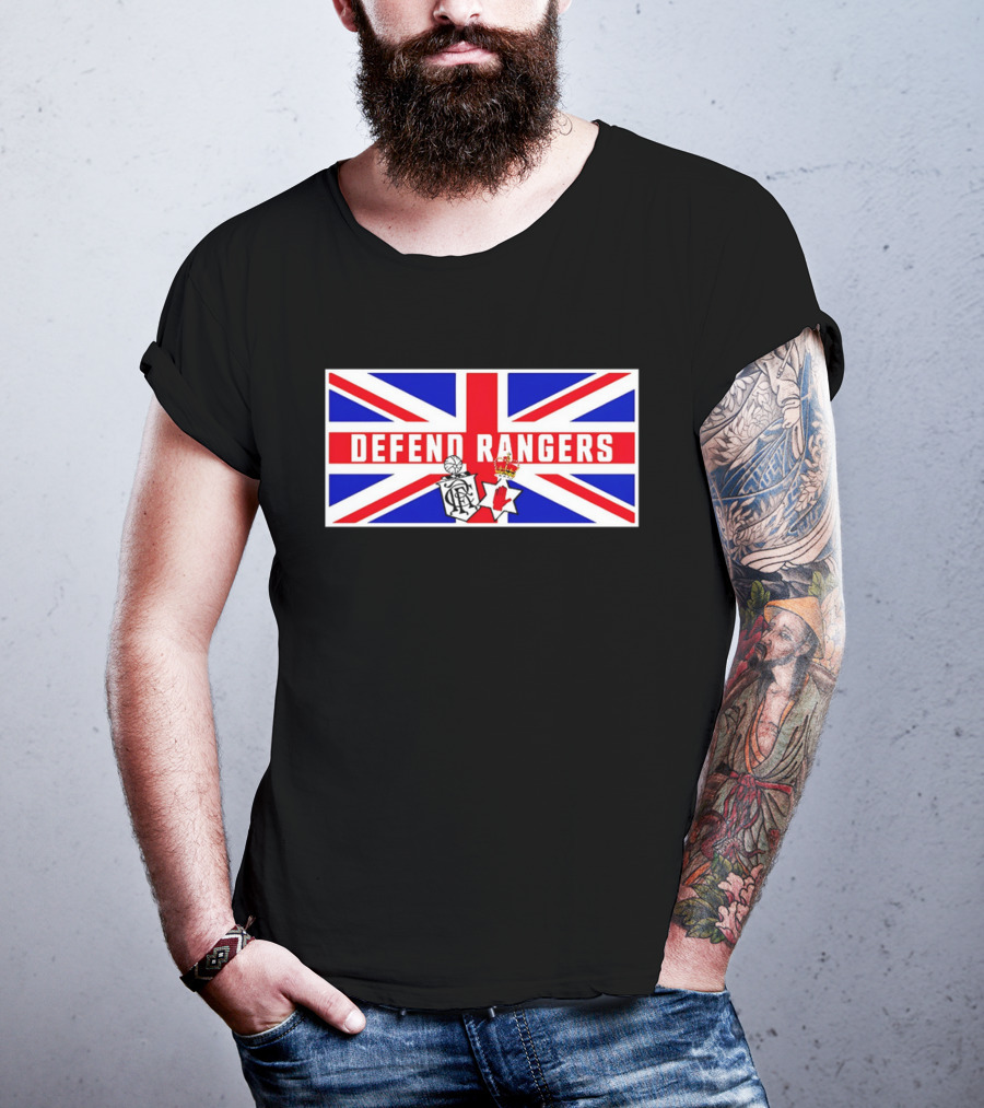 Defend Rangers Union Flag With FCRF Crest And Red Hand Of Ulster T-Shirt