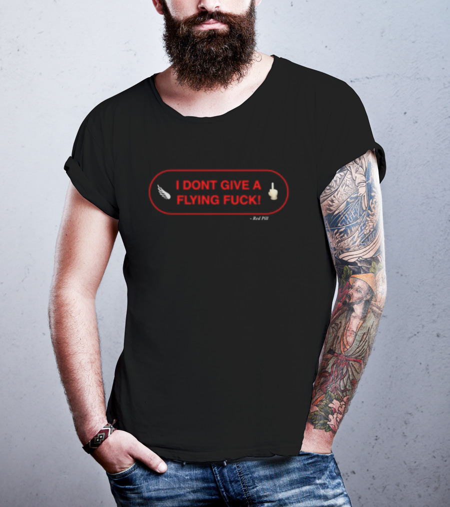 I DON'T GIVE A FLYING FUCK Red Oval With White Feather And Middle Finger T-Shirt