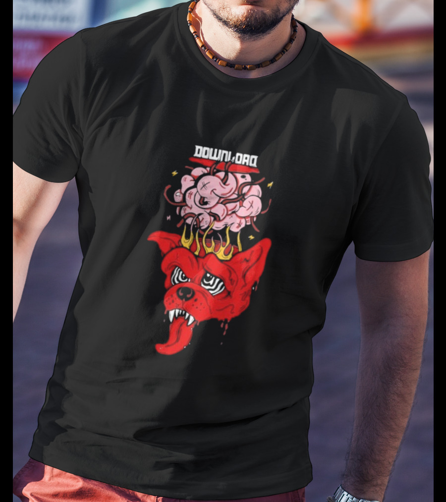 Download Festival Brain Explosion Red Dog Flames Quirky Cartoon Style T-Shirt