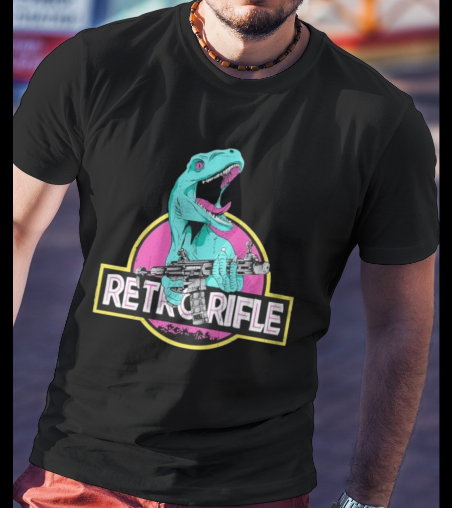 Retro Rifle Dinosaur Holding Gun Vintage Style T-Shirt