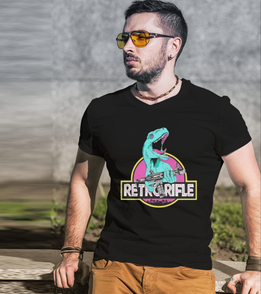 Retro Rifle Dinosaur Holding Gun Vintage Style T-Shirt