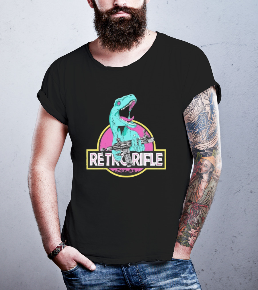 Retro Rifle Dinosaur Holding Gun Vintage Style T-Shirt