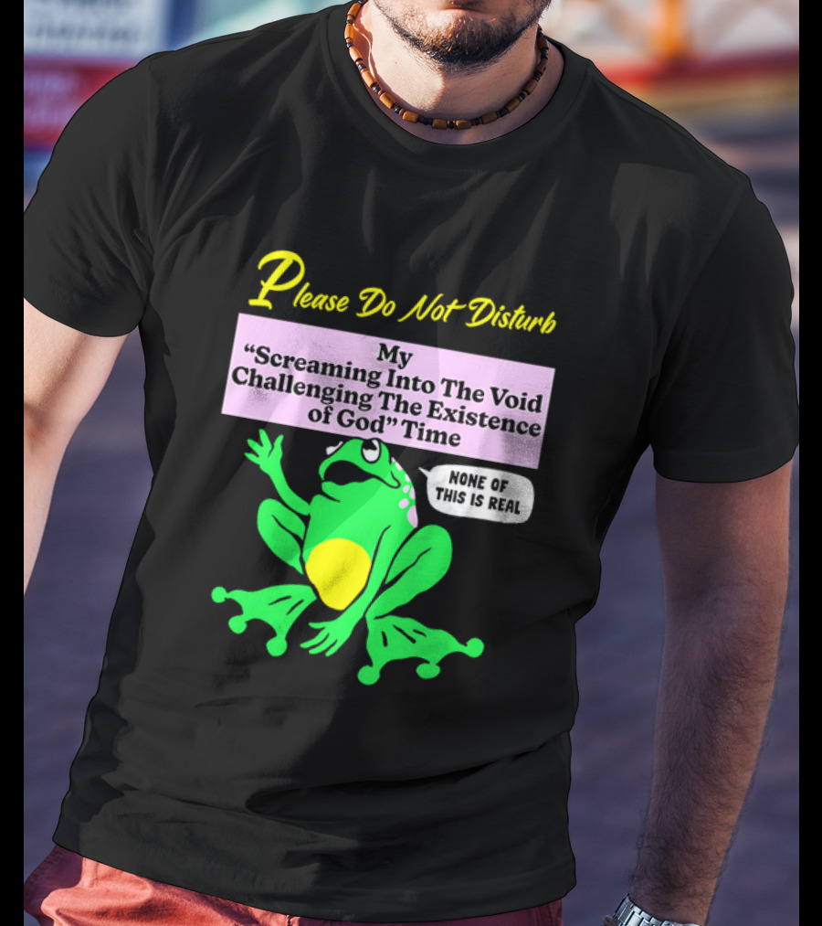 Please Do Not Disturb My Screaming Into The Void Challenging The Existence Of God Time None Of This Is Real Frog T-Shirt