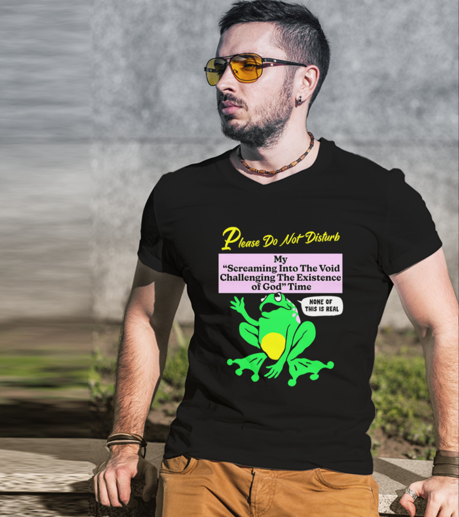 Please Do Not Disturb My Screaming Into The Void Challenging The Existence Of God Time None Of This Is Real Frog T-Shirt