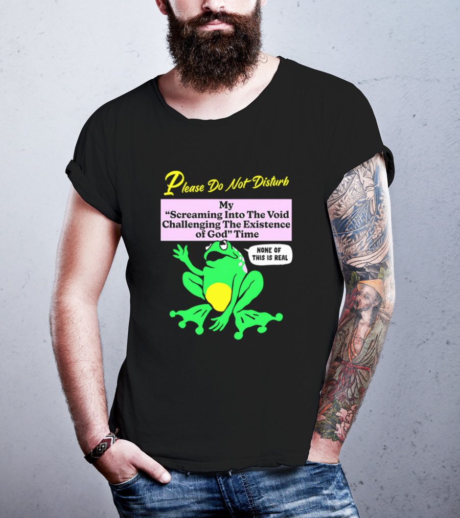 Please Do Not Disturb My Screaming Into The Void Challenging The Existence Of God Time None Of This Is Real Frog T-Shirt