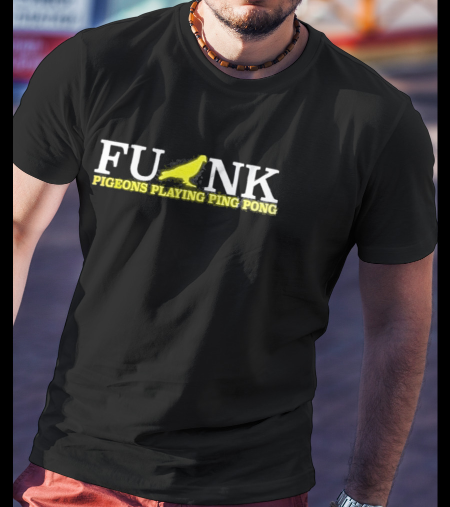 Funk Pigeons Playing Ping Pong Banana Yellow On Black T-Shirt
