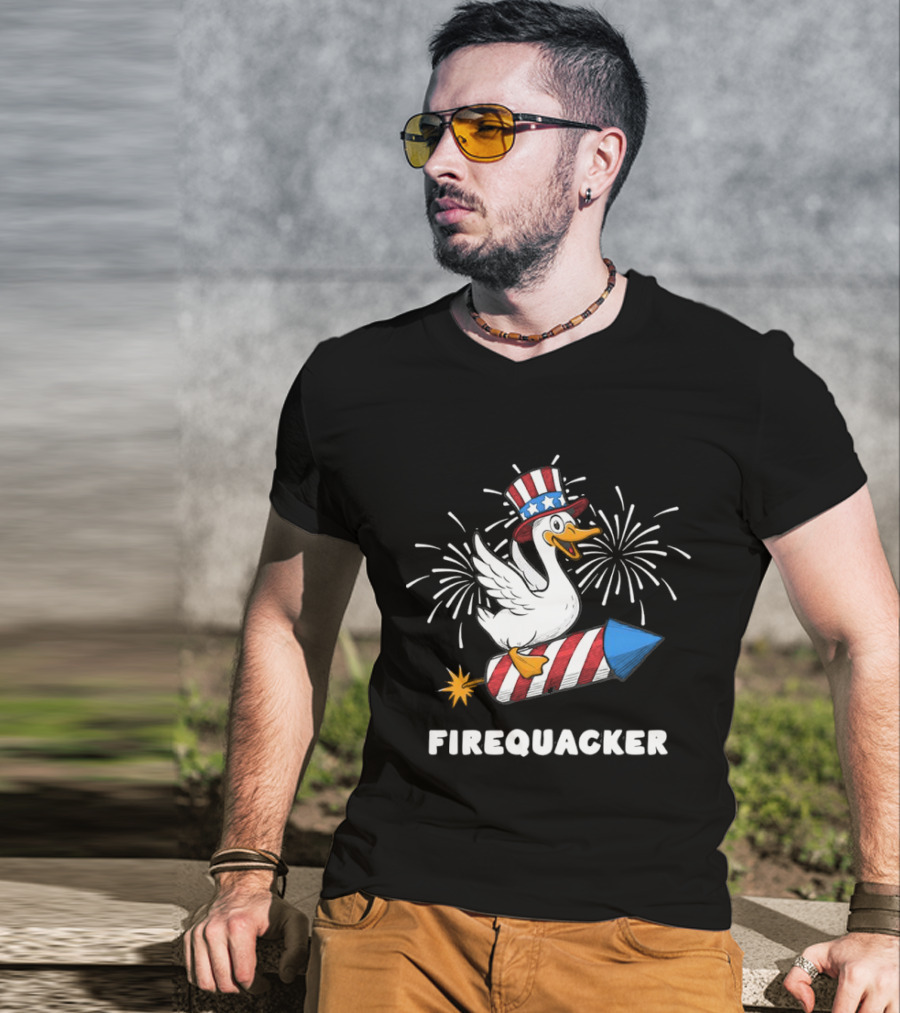 Firequacker Patriotic Duck With Rocket And Fireworks T-Shirt