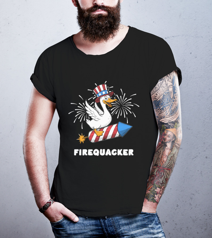 Firequacker Patriotic Duck With Rocket And Fireworks T-Shirt