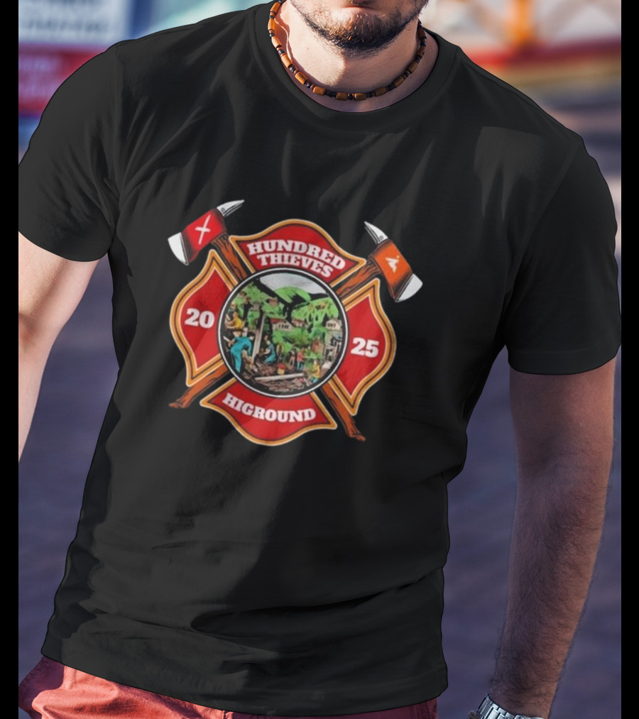 Hundred Thieves Higround 2025 Badge With Axes And Mountain Scene T-Shirt