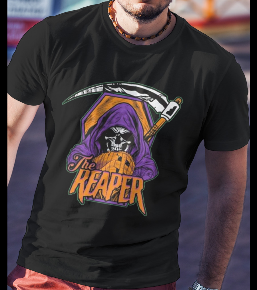 American Gothic Style Skull With Scythe Reaper Hooded Figure T-Shirt