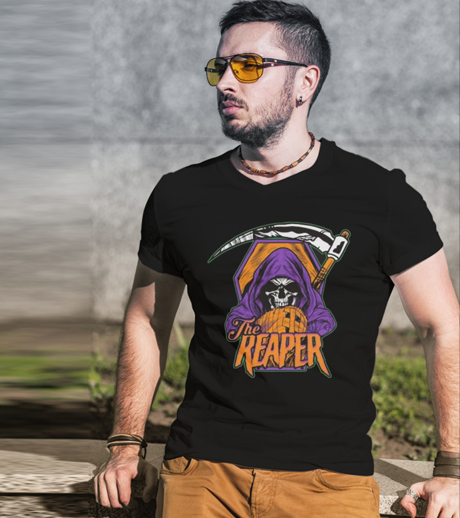 American Gothic Style Skull With Scythe Reaper Hooded Figure T-Shirt
