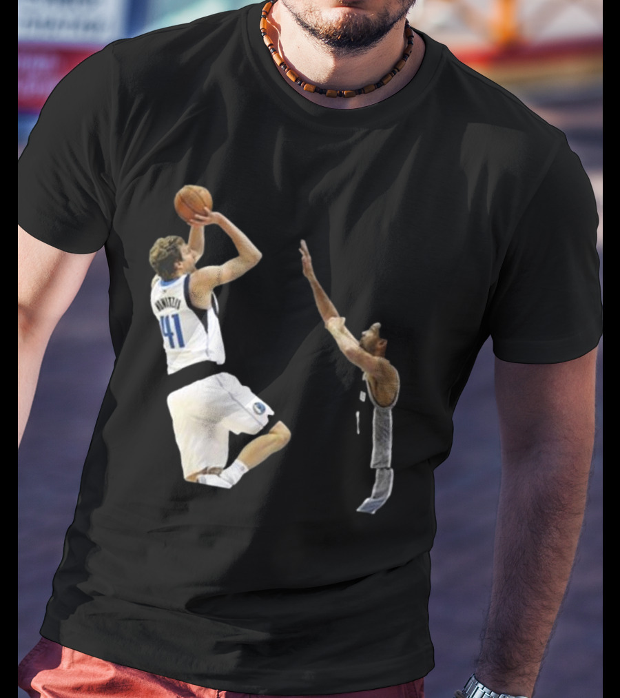 Dirk Nowitzki Fadeaway Jumper Over Tim Duncan NBA Iconic Moment T-Shirt