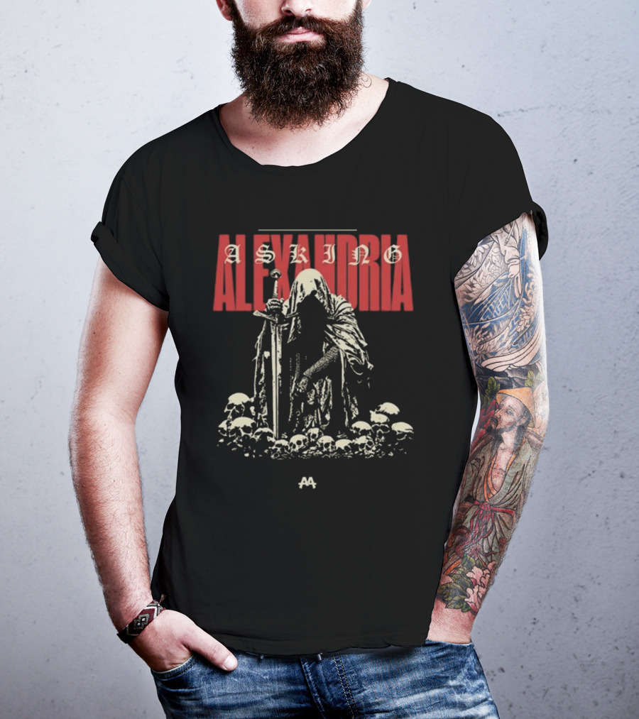 Asking Alexandria Skeleton Cloaked Figure With Sword Among Skulls T-Shirt