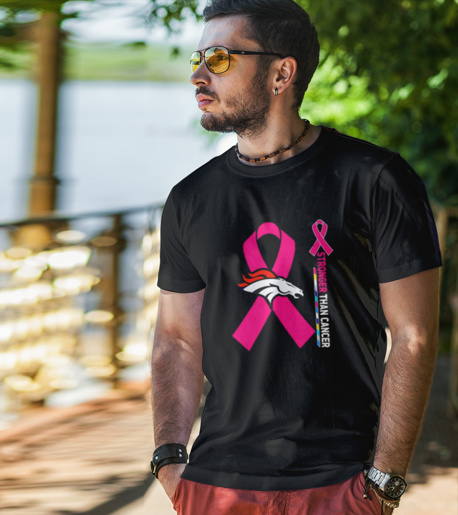 Denver Broncos Pink Ribbon Stronger Than Cancer Awareness T-Shirt