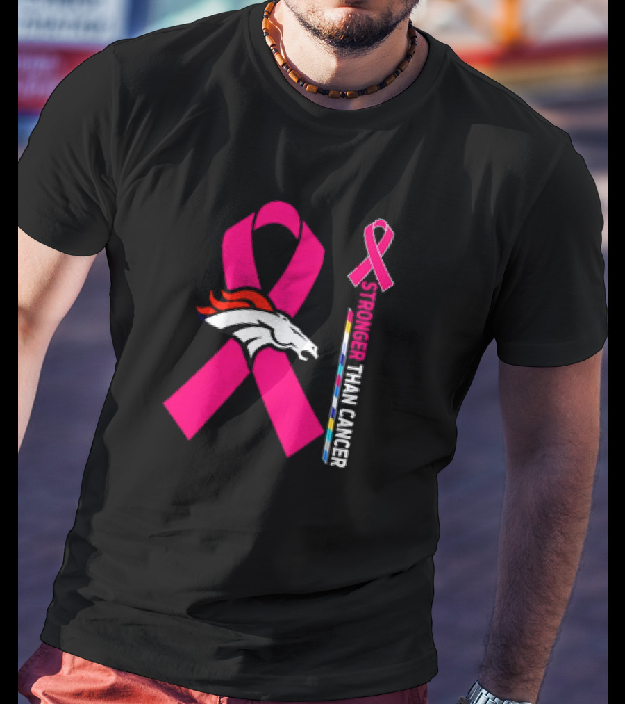 Denver Broncos Pink Ribbon Stronger Than Cancer Awareness T-Shirt