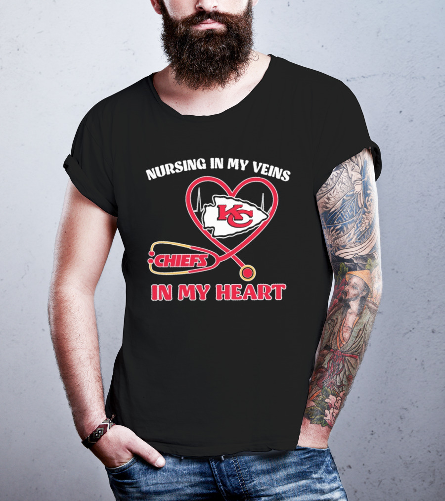 Nursing In My Veins Chiefs In My Heart KC Logo Heartbeat Stethoscope T-Shirt