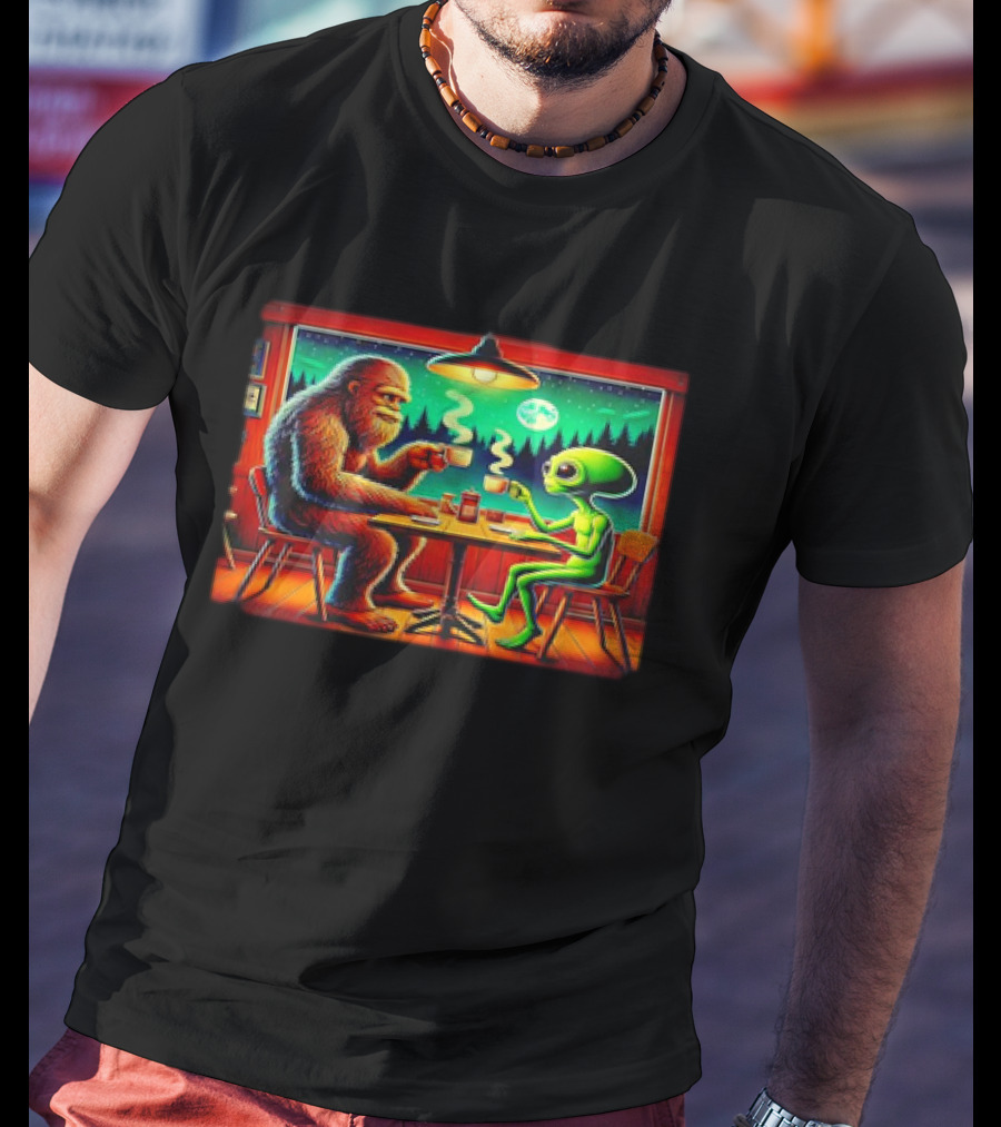 Bigfoot And Alien Coffee Meetup In Cabin At Night With Moonlit Forest T-Shirt