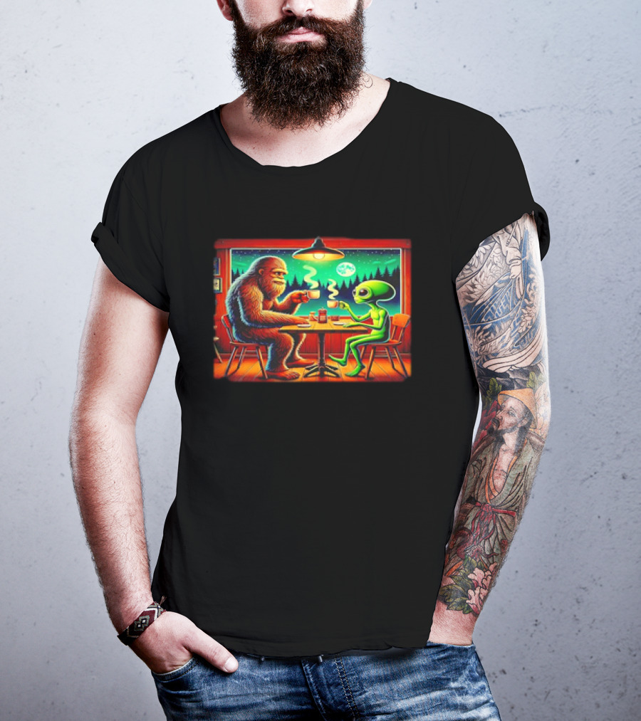 Bigfoot And Alien Coffee Meetup In Cabin At Night With Moonlit Forest T-Shirt