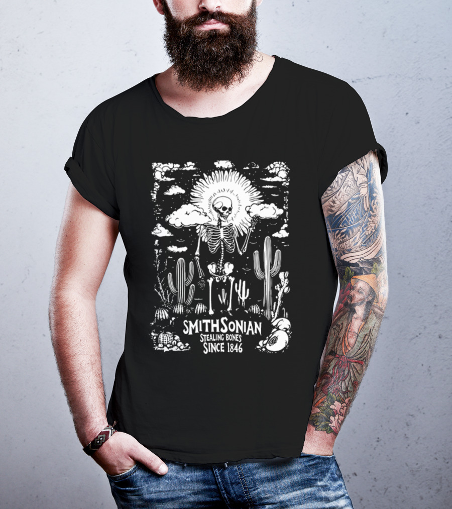 Smithsonian Stealing Bones Since 1846 Desert Skeleton Cactus Scene T-Shirt